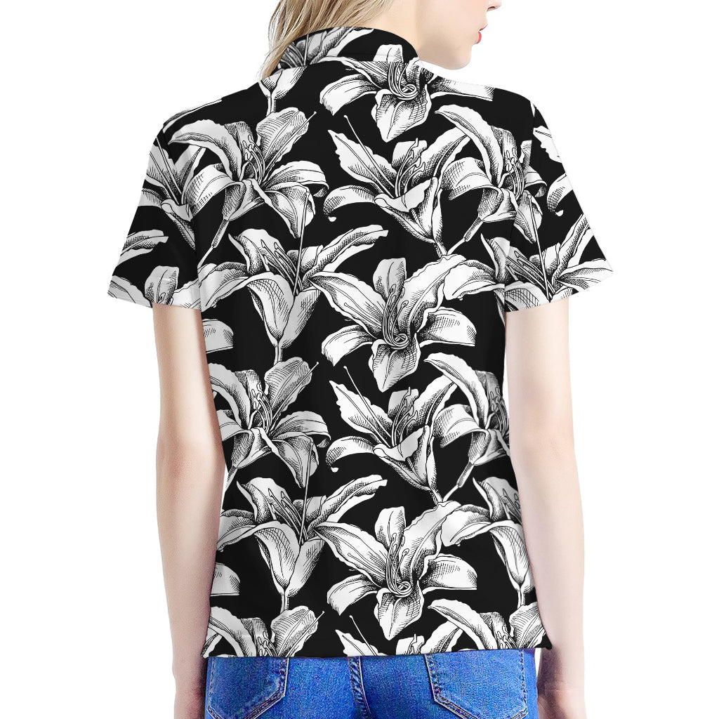 Black And White Lily Pattern Print Women's Polo Shirt