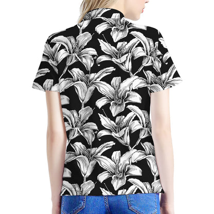 Black And White Lily Pattern Print Women's Polo Shirt