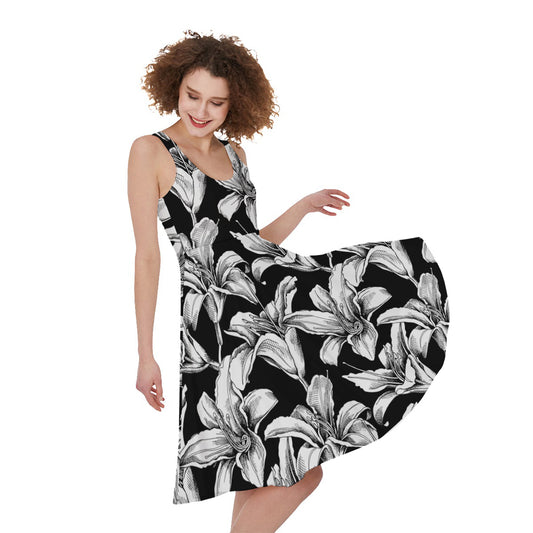 Black And White Lily Pattern Print Women's Sleeveless Dress