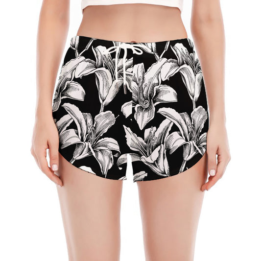 Black And White Lily Pattern Print Women's Split Running Shorts