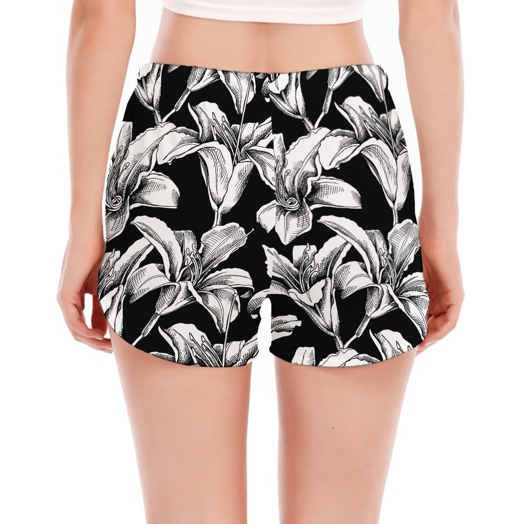 Black And White Lily Pattern Print Women's Split Running Shorts