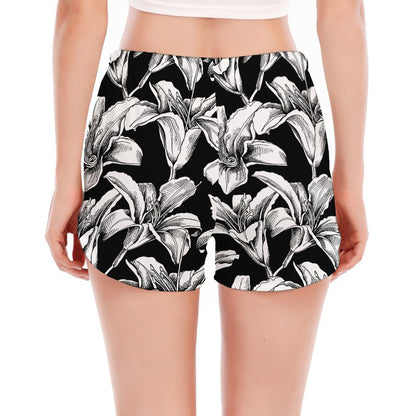Black And White Lily Pattern Print Women's Split Running Shorts