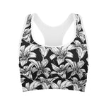 Black And White Lily Pattern Print Women's Sports Bra