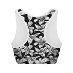 Black And White Lily Pattern Print Women's Sports Bra