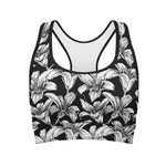 Black And White Lily Pattern Print Women's Sports Bra