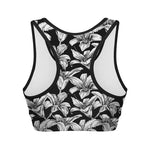 Black And White Lily Pattern Print Women's Sports Bra