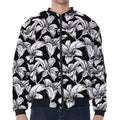 Black And White Lily Pattern Print Zip Sleeve Bomber Jacket