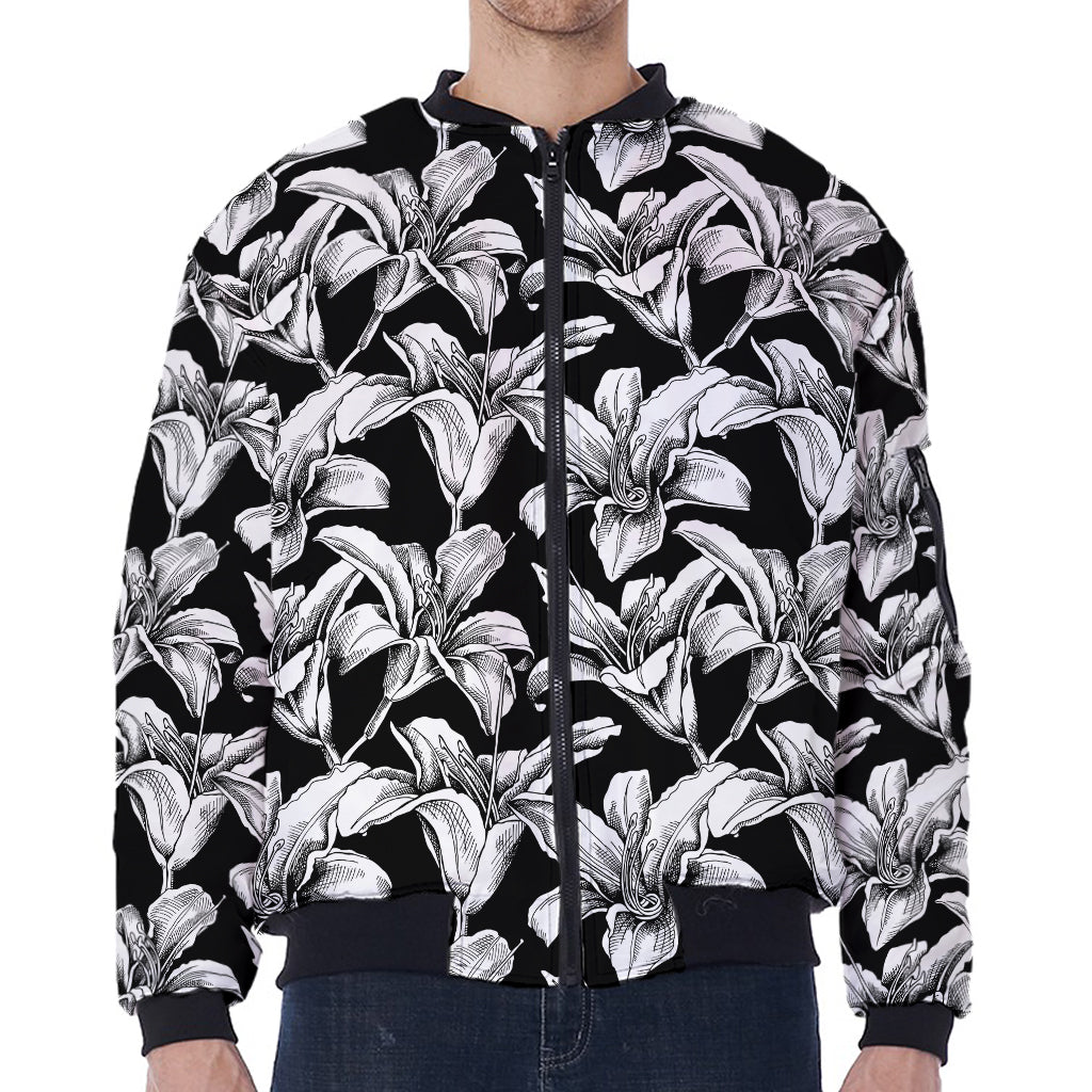 Black And White Lily Pattern Print Zip Sleeve Bomber Jacket