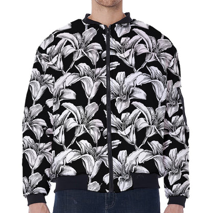 Black And White Lily Pattern Print Zip Sleeve Bomber Jacket