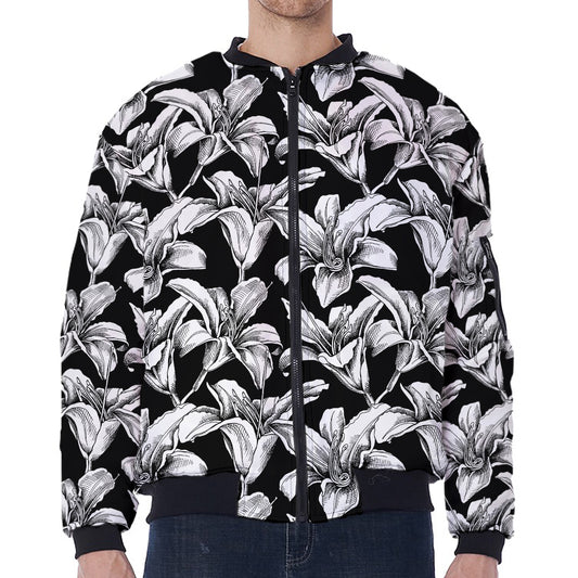 Black And White Lily Pattern Print Zip Sleeve Bomber Jacket