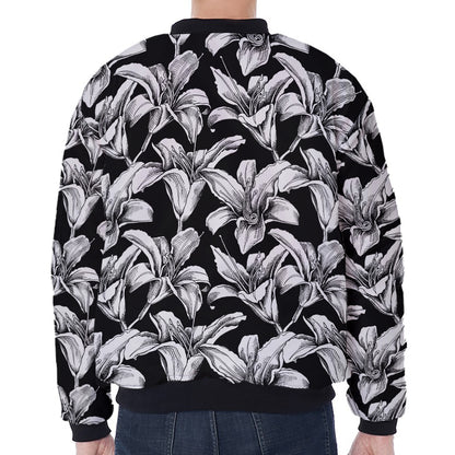 Black And White Lily Pattern Print Zip Sleeve Bomber Jacket