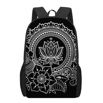 Black And White Lotus Flower Print 17 Inch Backpack