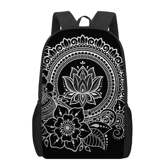 Black And White Lotus Flower Print 17 Inch Backpack