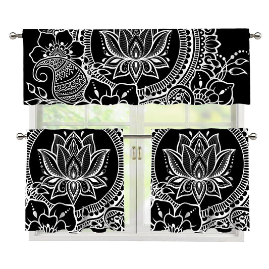 Black And White Lotus Flower Print 3 Piece Kitchen Curtains
