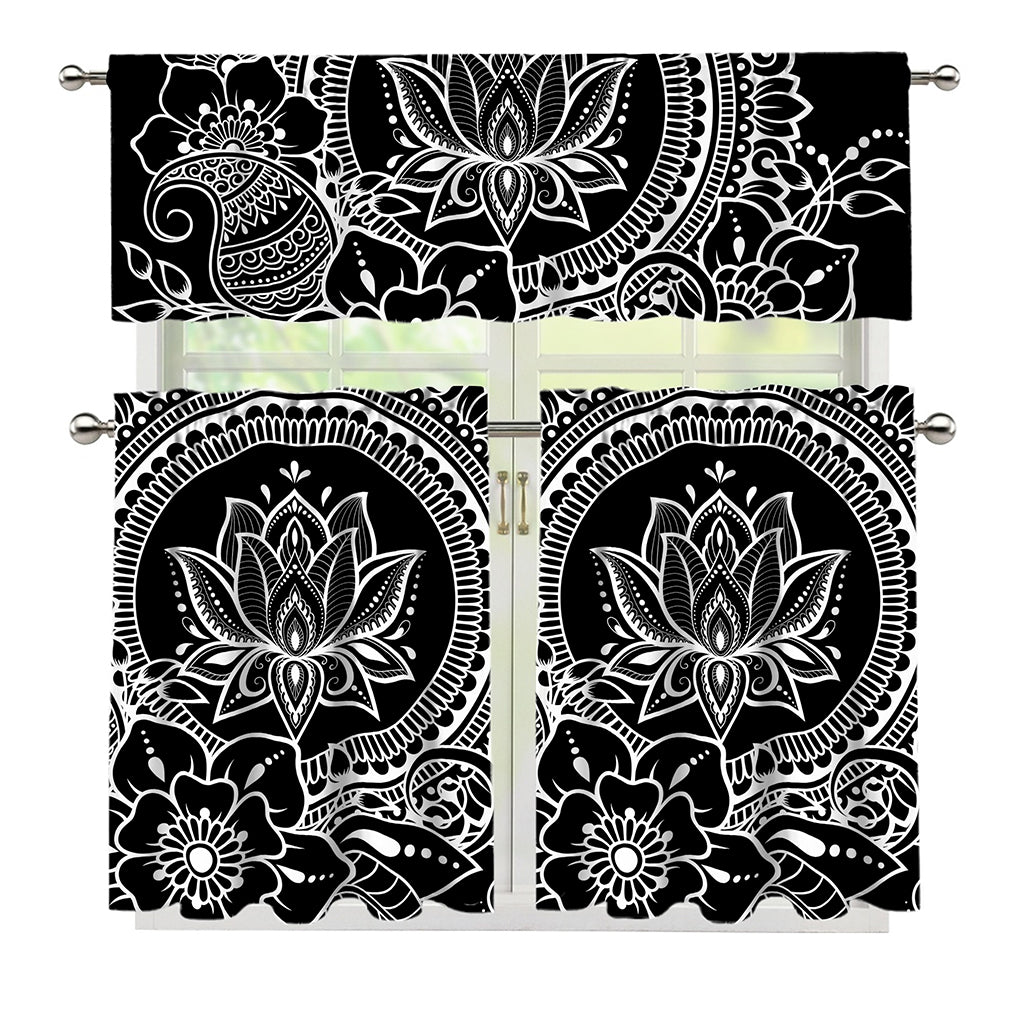 Black And White Lotus Flower Print 3 Piece Kitchen Curtains