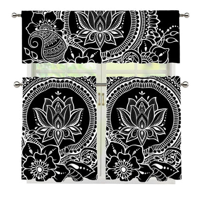 Black And White Lotus Flower Print 3 Piece Kitchen Curtains
