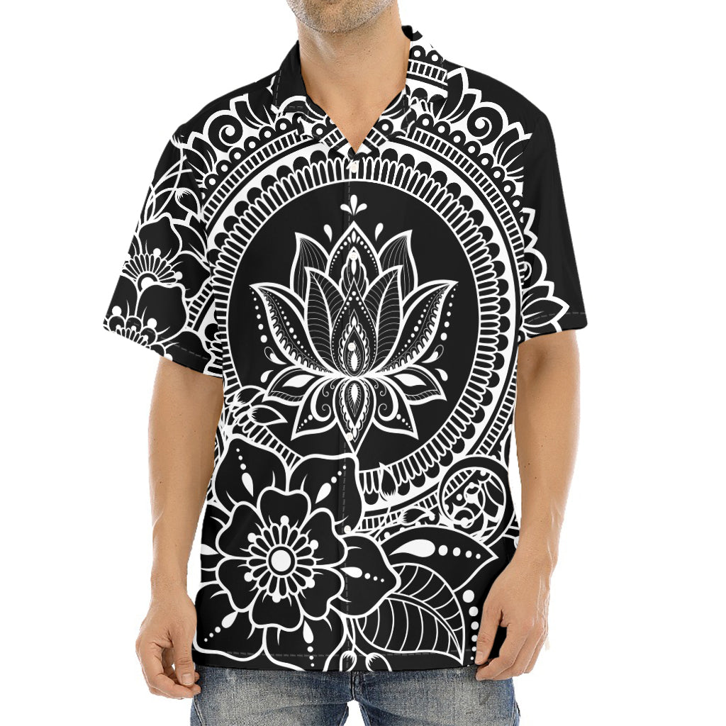 Black And White Lotus Flower Print Aloha Shirt
