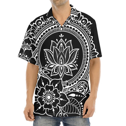 Black And White Lotus Flower Print Aloha Shirt