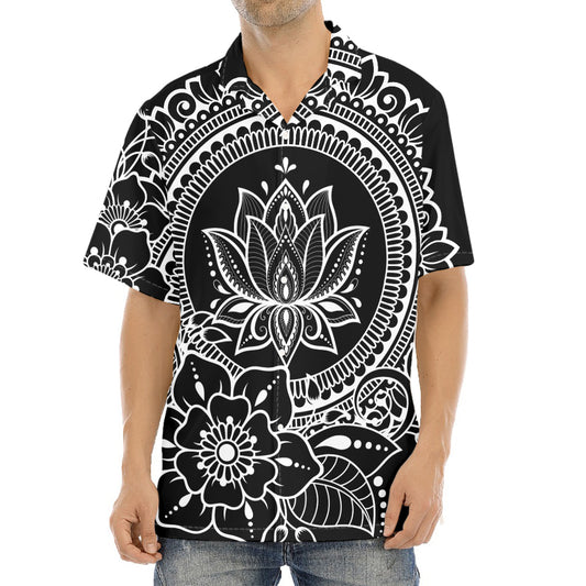Black And White Lotus Flower Print Aloha Shirt