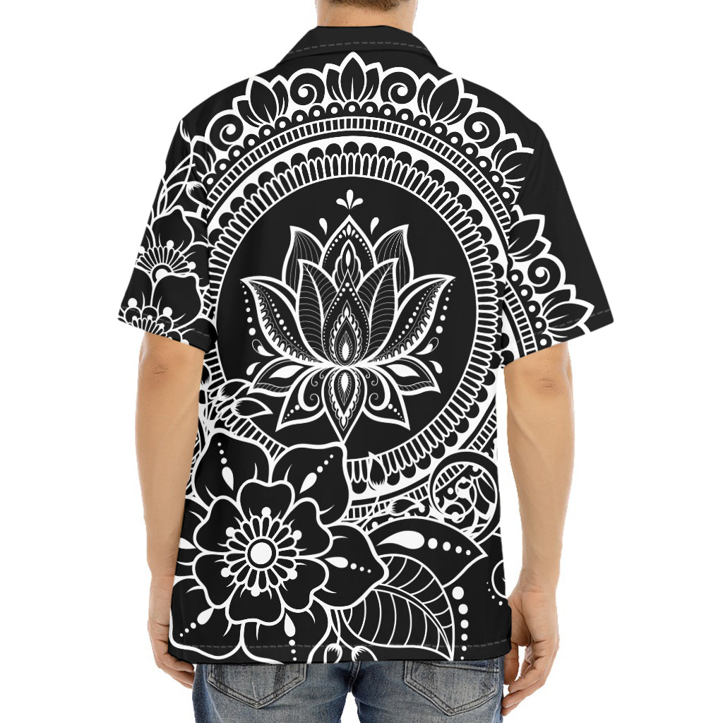 Black And White Lotus Flower Print Aloha Shirt