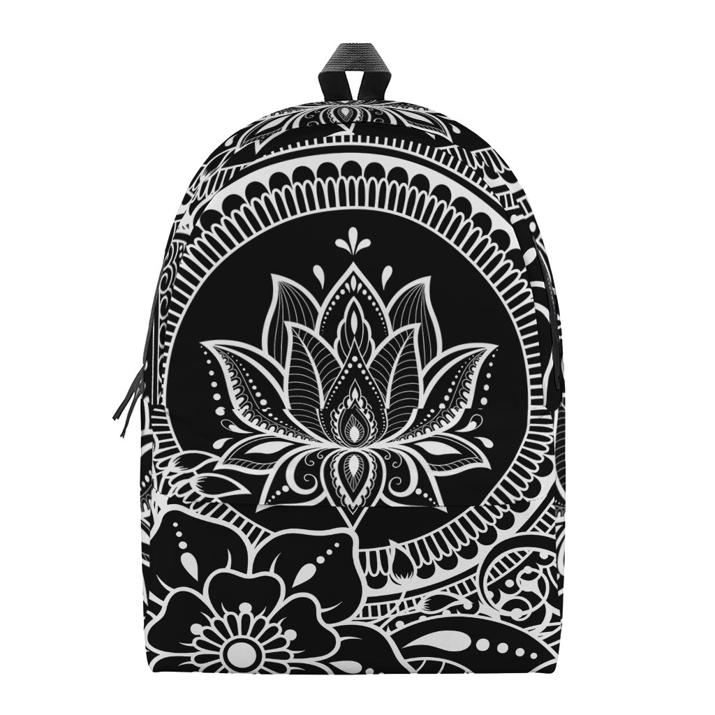 Black And White Lotus Flower Print Backpack
