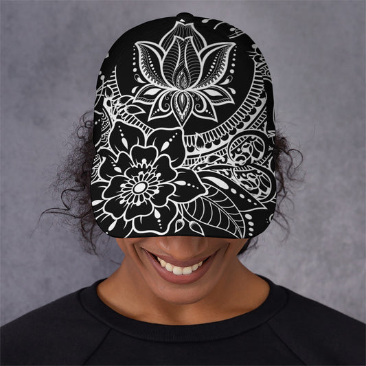 Black And White Lotus Flower Print Baseball Cap