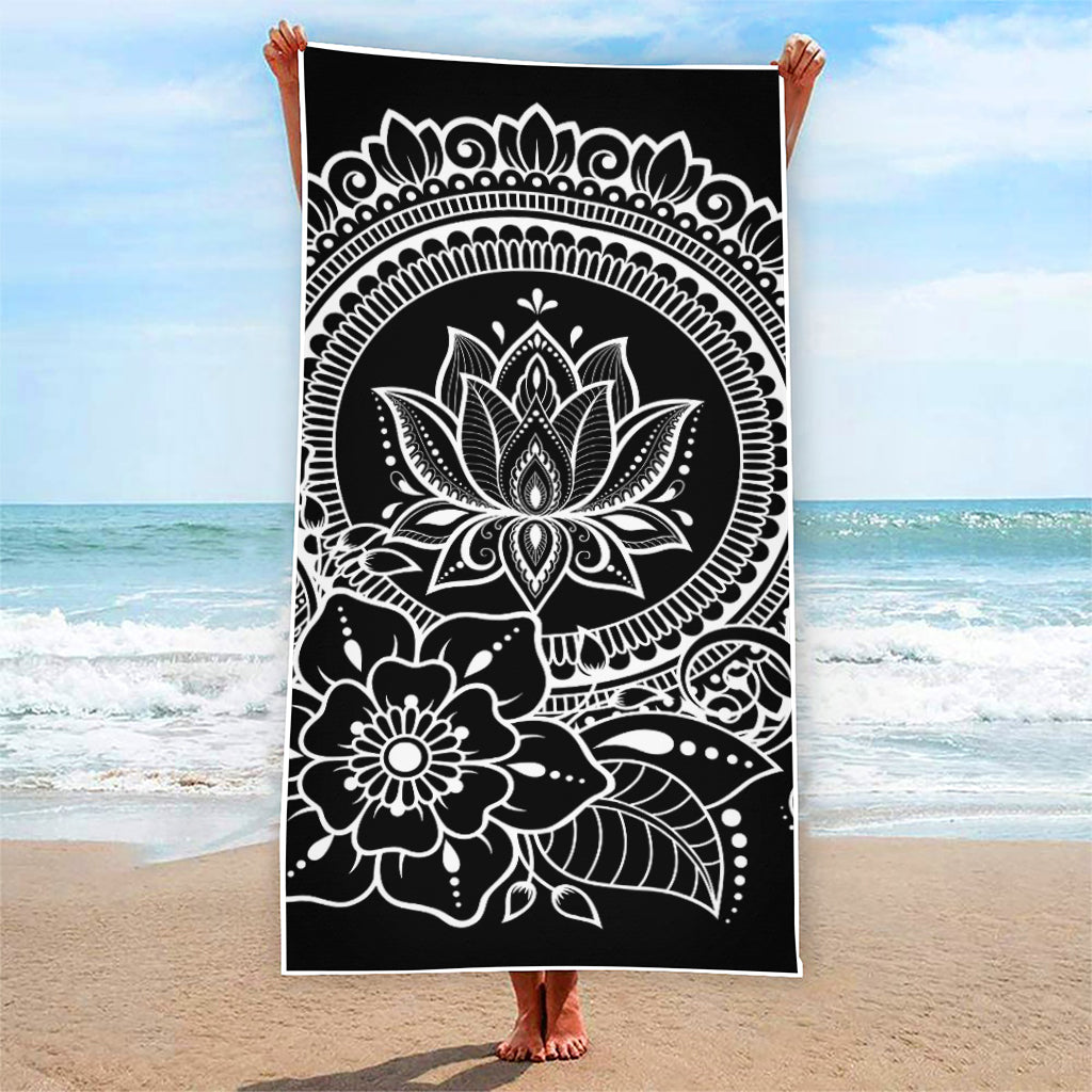Black And White Lotus Flower Print Beach Towel