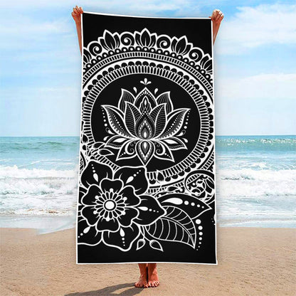 Black And White Lotus Flower Print Beach Towel