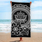 Black And White Lotus Flower Print Beach Towel