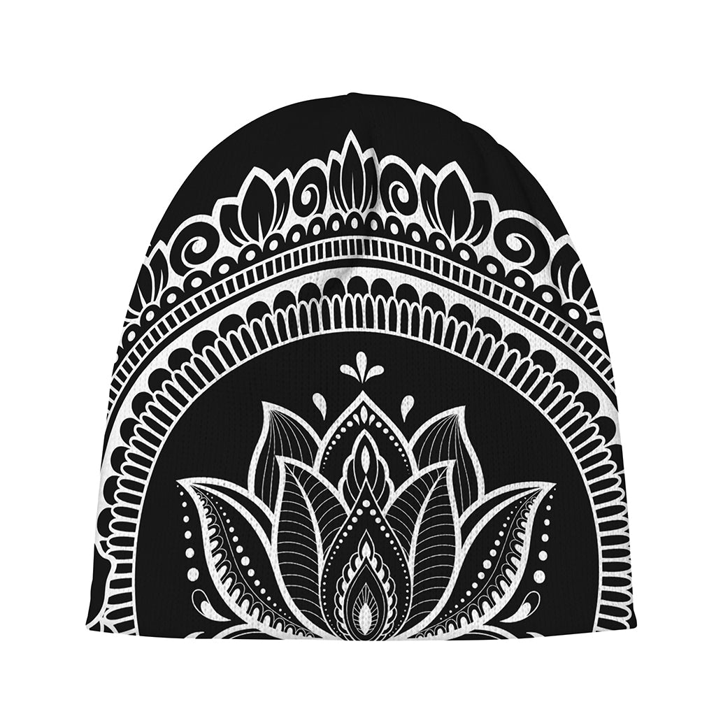 Black And White Lotus Flower Print Beanie