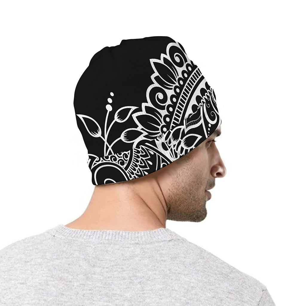 Black And White Lotus Flower Print Beanie