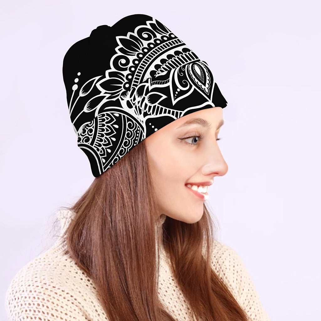 Black And White Lotus Flower Print Beanie