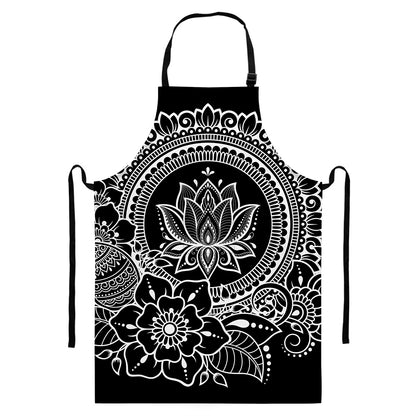 Black And White Lotus Flower Print Bib Apron With Pocket