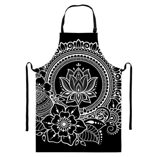 Black And White Lotus Flower Print Bib Apron With Pocket