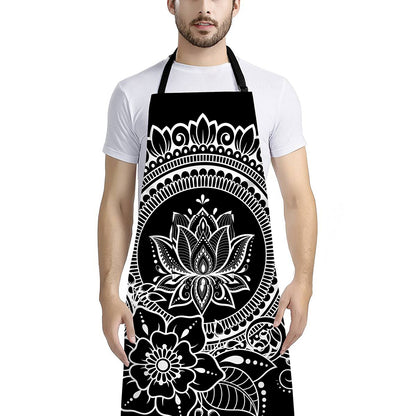 Black And White Lotus Flower Print Bib Apron With Pocket