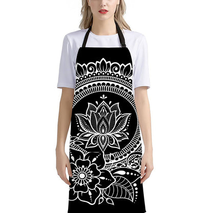 Black And White Lotus Flower Print Bib Apron With Pocket