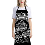 Black And White Lotus Flower Print Bib Apron With Pocket