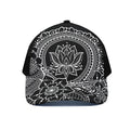Black And White Lotus Flower Print Black Mesh Trucker Hat