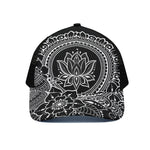 Black And White Lotus Flower Print Black Mesh Trucker Cap