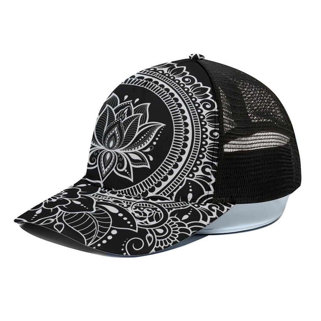 Black And White Lotus Flower Print Black Mesh Trucker Cap