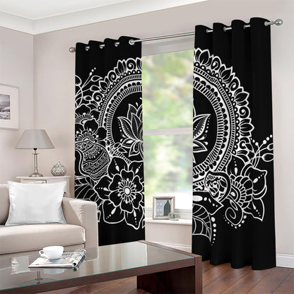 Black And White Lotus Flower Print Blackout Grommet Curtains