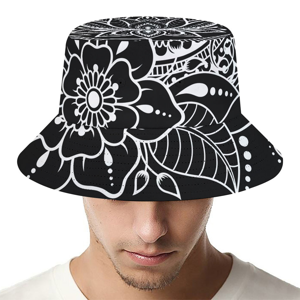 Black And White Lotus Flower Print Bucket Hat