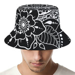 Black And White Lotus Flower Print Bucket Hat