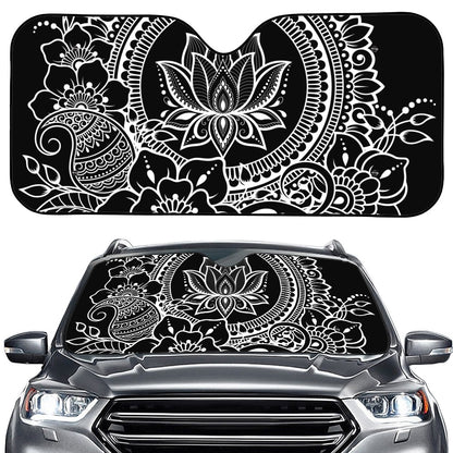 Black And White Lotus Flower Print Car Windshield Sun Shade