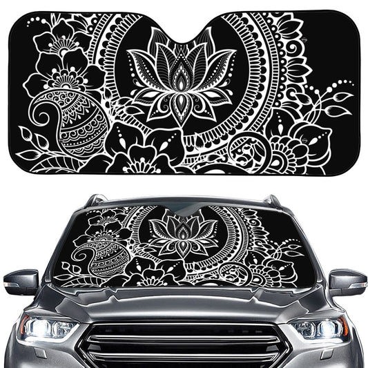 Black And White Lotus Flower Print Car Windshield Sun Shade