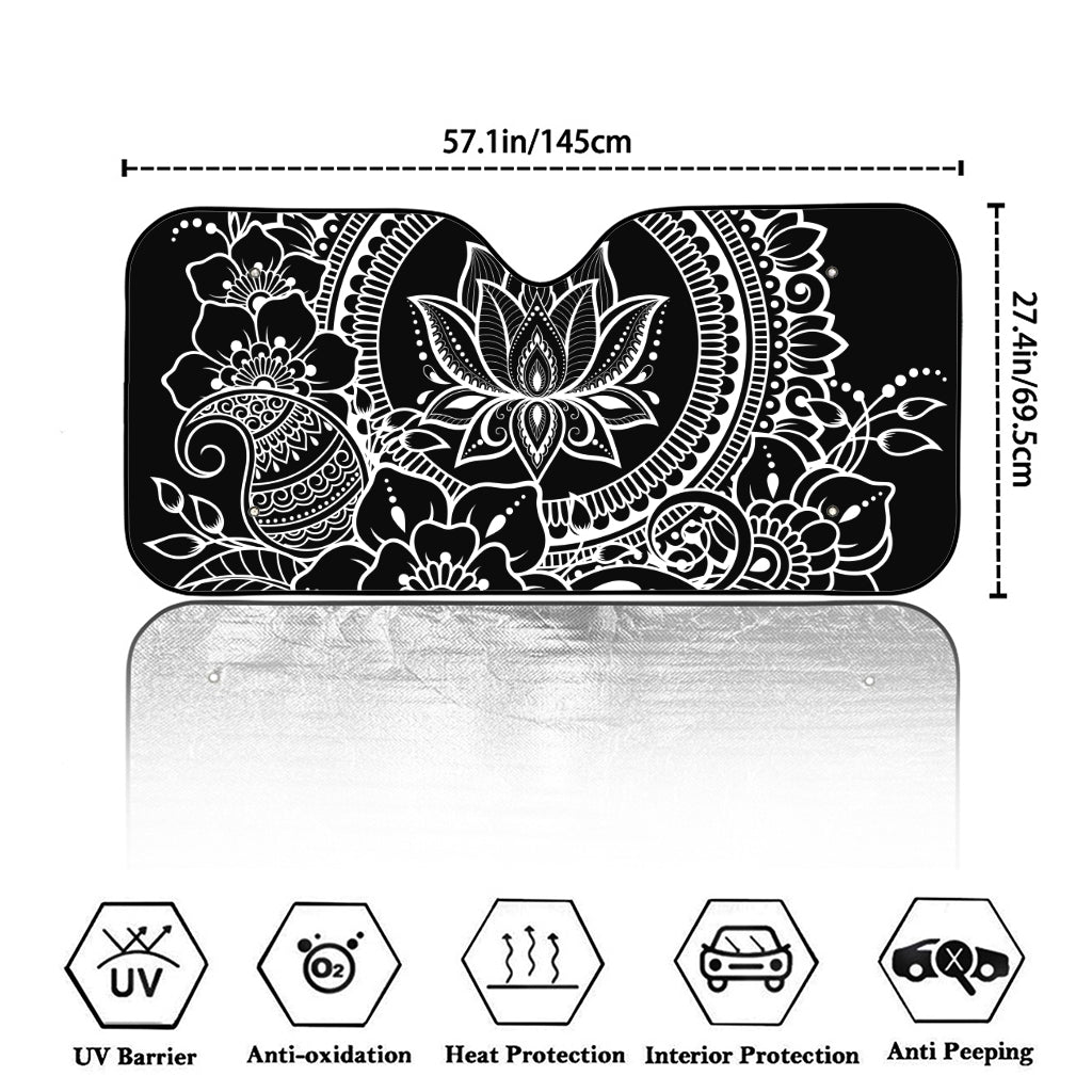 Black And White Lotus Flower Print Car Windshield Sun Shade