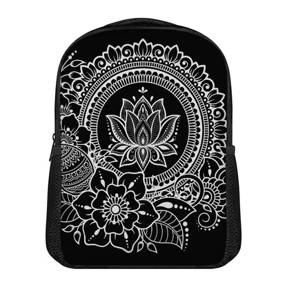 Black And White Lotus Flower Print Casual Backpack