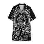 Black And White Lotus Flower Print Cotton Hawaiian Shirt