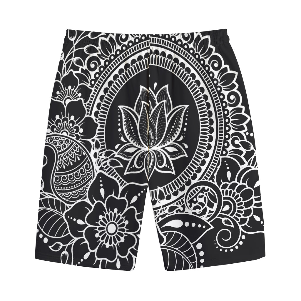 Black And White Lotus Flower Print Cotton Shorts