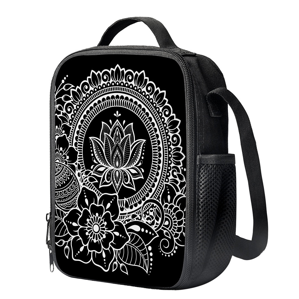 Black And White Lotus Flower Print Crossbody Lunch Bag